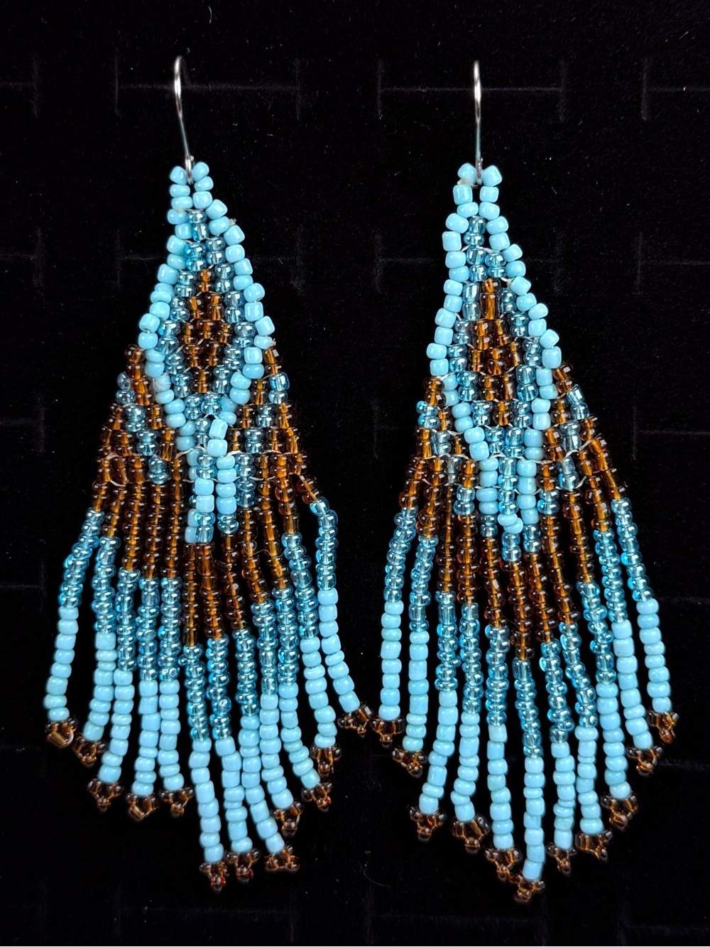 Southwestern style beaded Blue and Brown fringe Dangle pierced Earrings